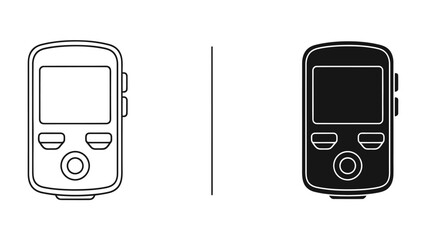 Compact Music Player Icons: A set of two simplified icons representing a compact music player, one in outline and the other in solid black, suitable for interface design or graphic resources. © Abdul