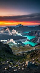 Naklejka premium Breathtaking sunrise over the volcanic landscape of Mount Ijen with steaming fumaroles and turquoise acidic crater lake.