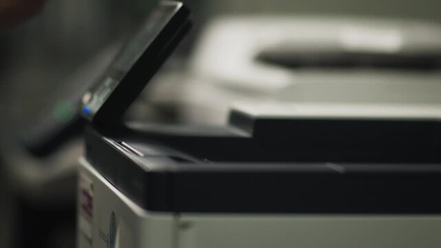 Hand Taking Printed Paper from Office Photocopier Machine Close Up