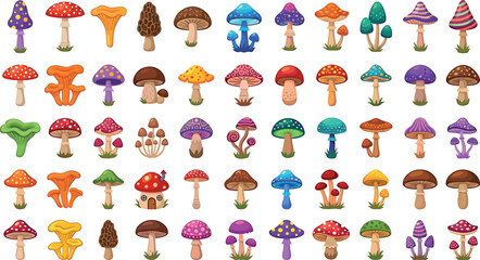 Fantasy magic mushroom vector set featuring colorful forest fungus chanterelle morel amanita and fairytale mushroom house icons © ALOMGIR