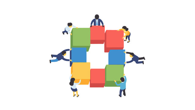 People joining hands in a circle with colorful blocks