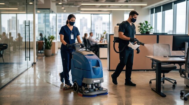 Professional Cleaning Team Disinfects Modern Office Space