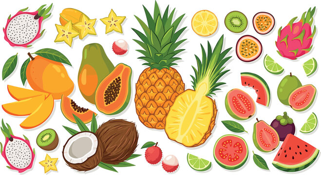 Fresh organic tropical fruits vector sticker set with pineapple mango papaya coconut dragonfruit and guava for healthy summer food design