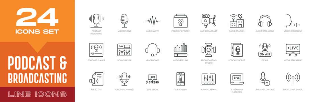 Podcast & Broadcasting Line Icons Set. Audio Streaming, Radio, Media Production, Recording, and Digital Content Creation Vector Symbols.