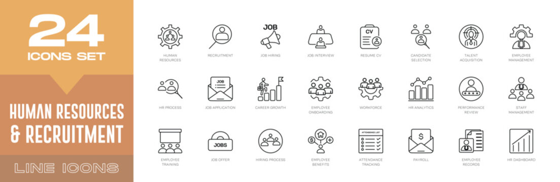 Human Resources & Recruitment Line Icons Set. Hiring, Talent Acquisition, Employee Management, Interview, and Workforce Development Vector Symbols.