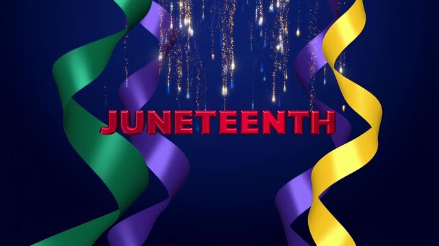 Vibrant juneteenth celebration banner with colorful streamers and bold red text perfect for cultural awareness events parades