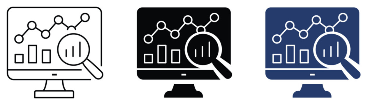 Three professional computer monitor data analysis vector graphic icons presented on transparent background