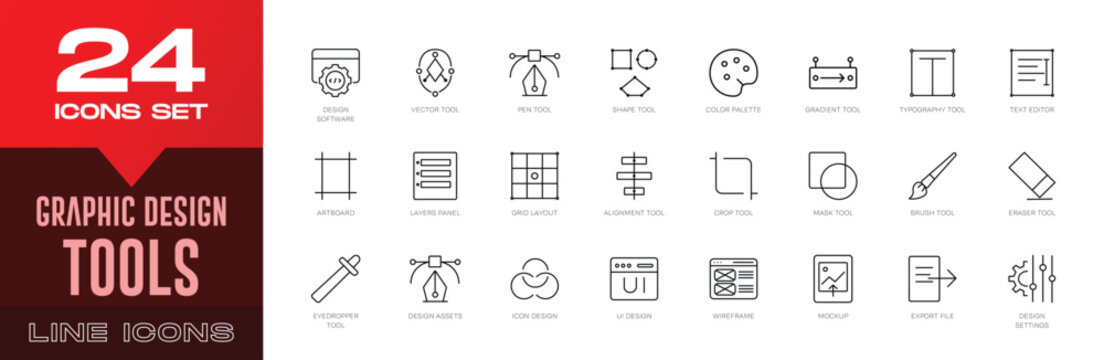 Graphic Design Tools Line Icons Set. Creative Software, Editing Tools, Illustration, Typography, and Digital Design Vector Symbols.