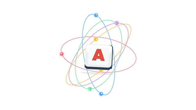 Atom Icon with Orbiting Particles Rotates Against Clean White Background in Minimalist 3d Animation for Science or Technology Concepts