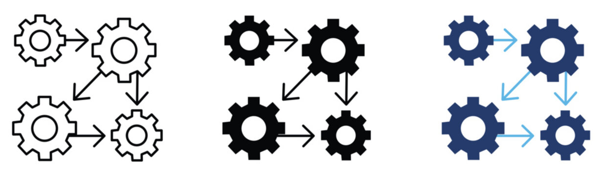 Flat vector graphic showing connected gear icons for industrial workflow processes on transparent background