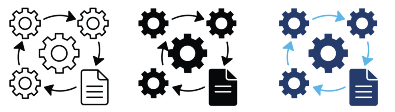 Minimalist workflow process vector illustration featuring mechanical gear icons and document symbols on transparent background
