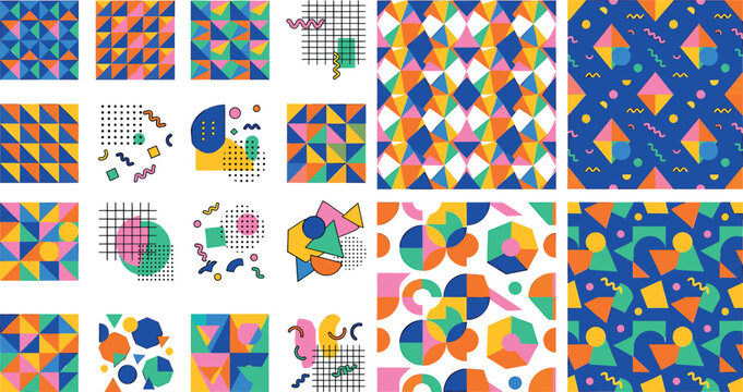 Memphis style seamless pattern and geometric element collection with colorful abstract shapes retro 80s 90s graphic design backgrounds