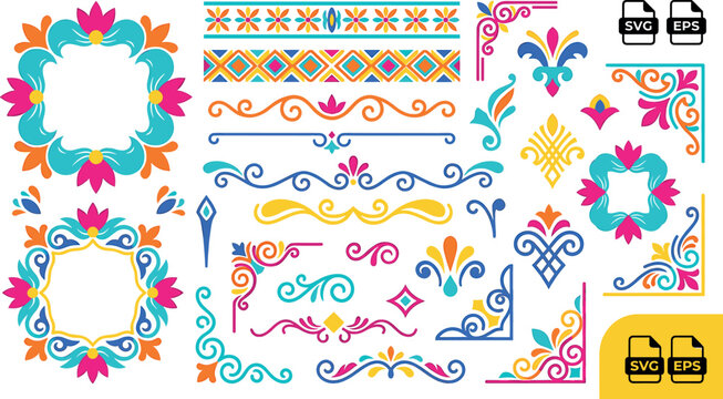 Mexican talavera ornamental border design elements collection featuring colorful folk art frames dividers corners and floral patterns for graphics