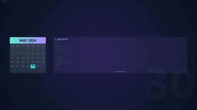 Digital Calendar Interface Displaying May 30th with Free Notes Section on Dark Futuristic Screen