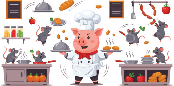 Cute cartoon pig chef juggling food and serving platters in a busy kitchen with many little mouse assistants cooking sausages and baking bread, vector