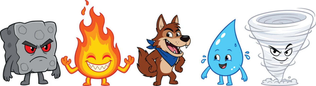 Cute cartoon nature elements characters set including angry rock smiling fire cheerful wolf happy water drop and devious tornado, vector illustration