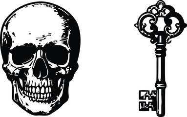 Skull and ornate skeleton key silhouette against a white background a gothic illustration anatomy bone calvaria cranium © Md. Hafizul Islam
