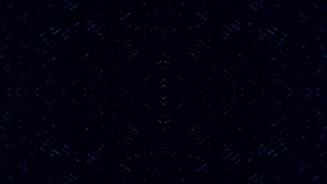 Seamless loop of a dark blue cyberspace environment with symmetric digital particles moving in an ordered structure, technology data flow 