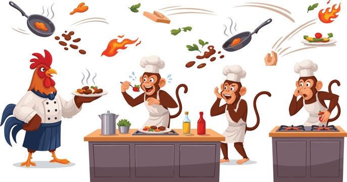 Cute cartoon rooster chef and funny monkey cooks working in a chaotic restaurant kitchen with flying food vector illustration set