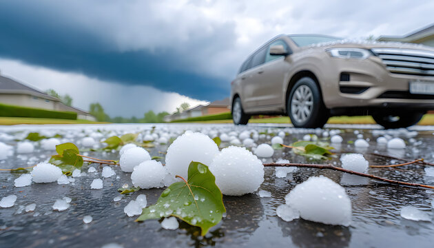 Large hailstones scattered on a wet asphalt road after a severe summer storm with green leaves, a blurry modern SUV car, and dramatic dark storm clouds in the background of a suburban street.