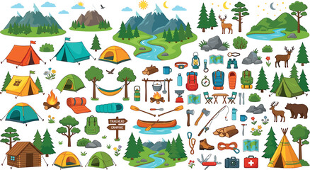 Outdoor camping and hiking vector elements set featuring tents mountains gear wildlife forest trees and campfire icons bundle © ALOMGIR