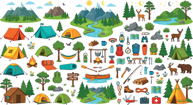 Outdoor camping and hiking vector elements set featuring tents mountains gear wildlife forest trees and campfire icons bundle