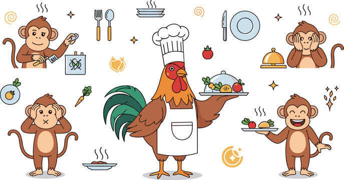 Cute cartoon rooster chef serving food with three wise monkeys displaying hear no evil see no evil speak no evil poses, vector culinary illustration