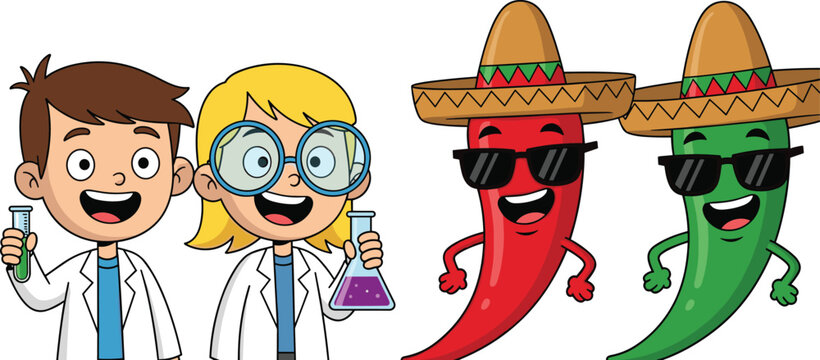 Cute cartoon student scientists with lab flasks standing next to cool Mexican chili peppers wearing sombreros and sunglasses, vector illustration