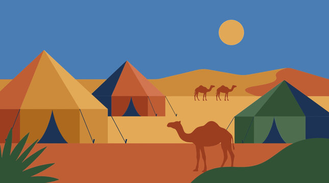 Desert Resort with Camel and Tents Vector Illustration