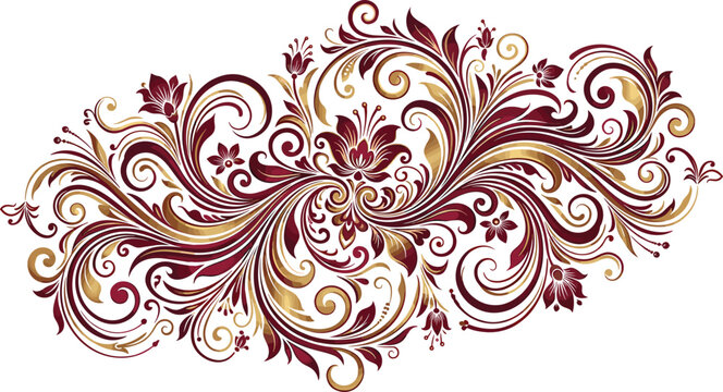 Ornate Vintage Floral Swirl Vignette Vector Design Featuring Intricate Burgundy Red and Luxury Metallic Gold Damascus Scrollwork Flourishes Isolated on White