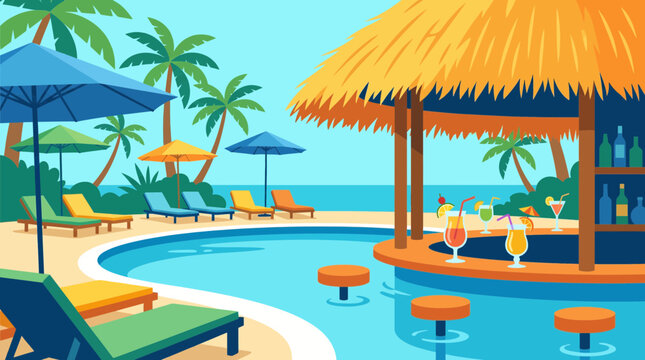 Tropical Resort Pool Bar with Cocktails Vector Illustration
