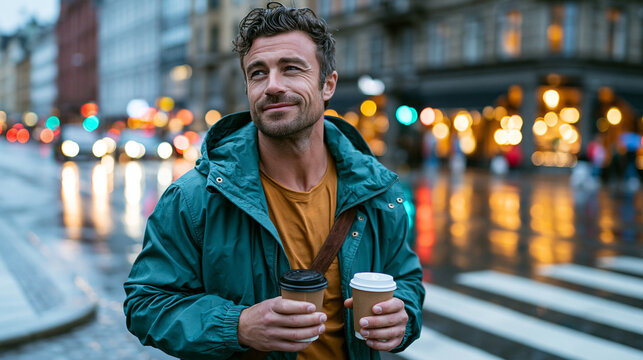 Photorealistic candid urban lifestyle scene of a young professional man standing at a city crosswalk in the rain holding a coffee cup, no umbrella, relaxed unbothered expression, c