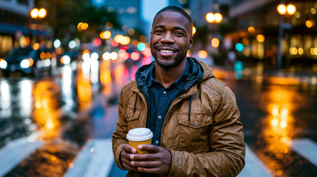 Photorealistic candid urban lifestyle scene of a young professional man standing at a city crosswalk in the rain holding a coffee cup, no umbrella, relaxed unbothered expression, c