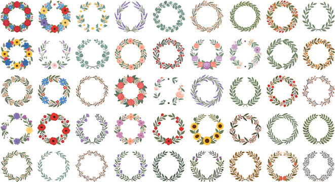 Huge botanical floral wreath vector collection featuring colorful flower frames laurel leaves and autumn twig borders for greeting cards