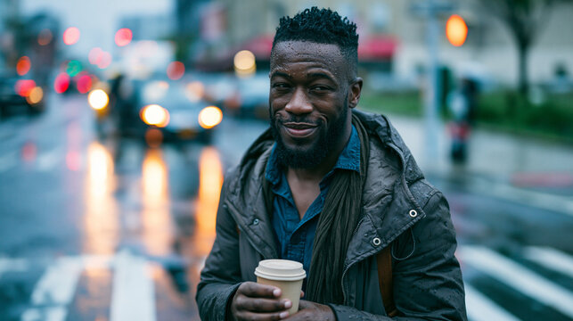 Photorealistic candid urban lifestyle scene of a young professional man standing at a city crosswalk in the rain holding a coffee cup, no umbrella, relaxed unbothered expression, c