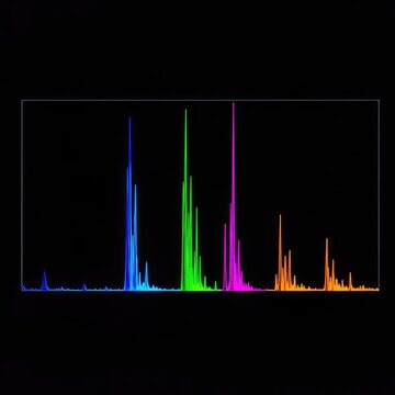 A detailed laboratory visualization of fluorescently labeled genetic fragments shown as vibrant colorful peaks on a dark scientific screen, biotechnology, vibrant, molecular