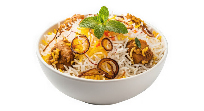 Traditional chicken biryani in white bowl, aromatic basmati rice with fried onions and mint, authentic indian cuisine isolated on white background