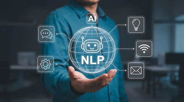 NLP natural language processing chatbot AI concept in businessman hand tech banner