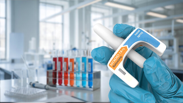 A doctor holds Nyxoid, a naloxone nasal spray used for emergency opioid overdose reversal. This product is used in healthcare, addiction treatment, public health, and pharmaceuticals