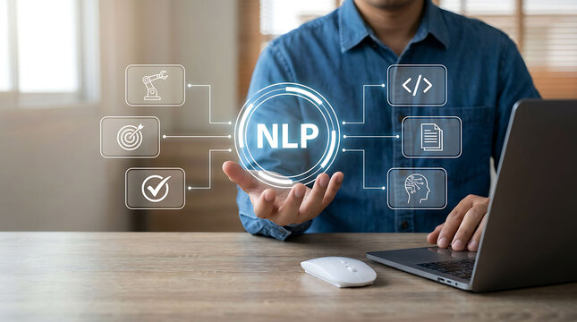 NLP natural language processing AI tech concept with developer working on laptop