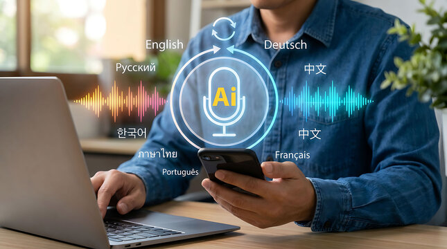 AI voice translation language concept with man holding smartphone sound wave banner