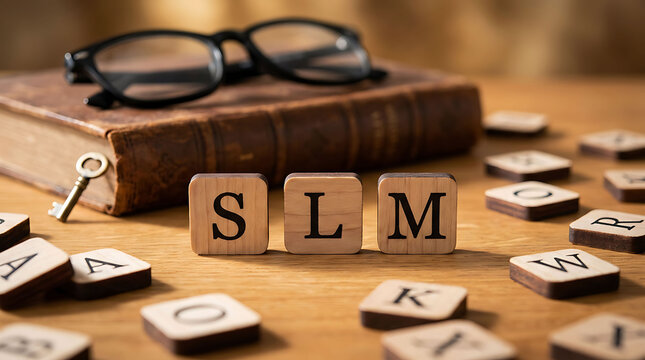 SLM word on wooden blocks with vintage book eyeglasses and key on desk