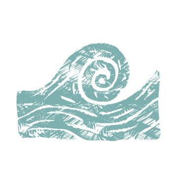 bold sea wave illustration with a swirl spiral curl shape, rough handdrawn woodcut silhouette over calming horizon lines, a perfect minimal vector aesthetic for Mediterranean rustic style