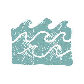  square teal sea wave illustration with rough textured grunge and hand stroke detail, a distressed woodcut design, ideal sustainable surf splash pattern for Mediterranean aesthetic branding