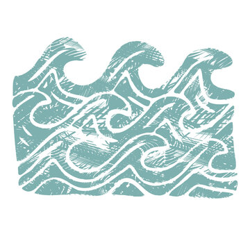 complex sea wave illustration with intertwined ripple line motion, rough textured woodcut pattern, dynamic flowing seamless design, drawn vector aesthetic for rustic Mediterranean branding