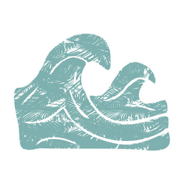  bold stamp-shaped illustration of two crashing ocean waves with foam, spray, and swirl texture, rough Japanese woodcut silhouette, perfect rustic vector aesthetic for Mediterranean sea branding