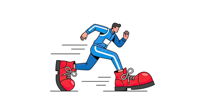 Athlete running in oversized red clown shoes.