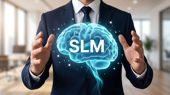 SLM small language model AI brain concept in businessman hands tech background