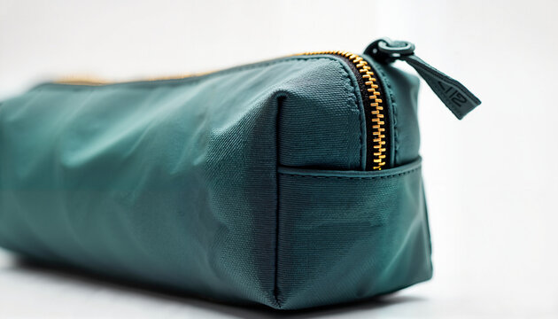 Stylish teal pencil case with golden zipper detail showcasing textured surface and precise stitching, perfect for organizing stationery at school, office, or home. Concept stationery accessories.