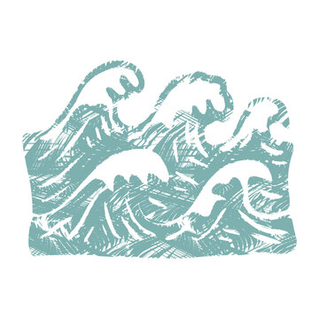dynamic sea wave illustration with bold spray, foam, and swirl texture, rough handdrawn woodcut silhouette in rustic linocut style, perfect naive vector aesthetic for Mediterranean branding
